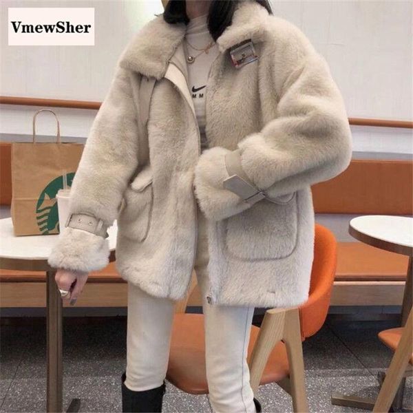 

vmewsher new winter jacket women faux coat soft faux fur outerwear buckle streetwear thick warm pocket casual, Black