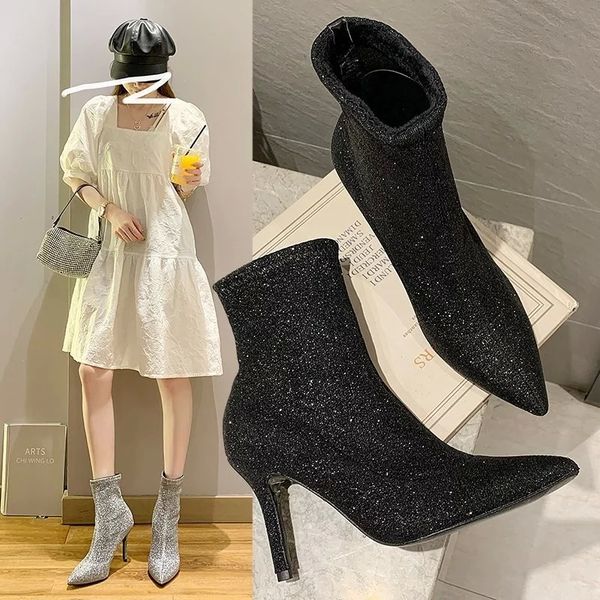 

fashion ladies ankle boots women bling shoes ladies high heels boots 2020 autumn early winter shoes thin heel 9cm a2831 #pt9i, Black