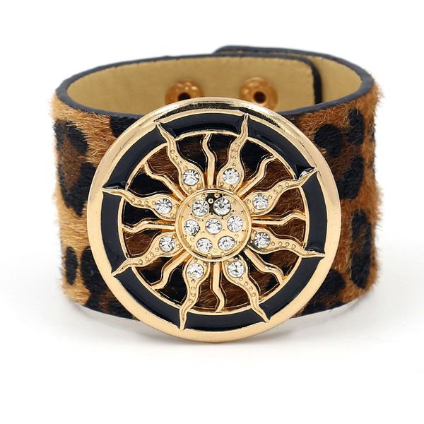 

s2718 fashion jewelry circle leopard grain horsehair pu leather bracelet metal sun buckle adjustable bracelet, Golden;silver