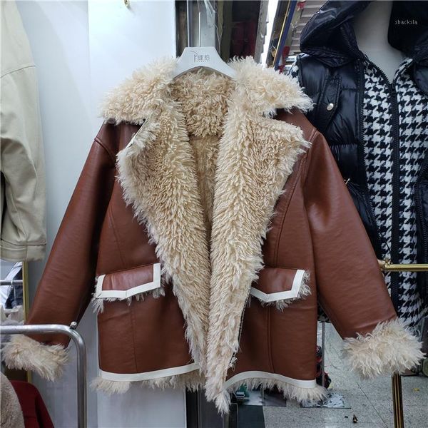 

winter 2020 thicken fake fur soft plush splicing faux pu leather biker jacket women loose short warm outerwear female streetwear1, Black