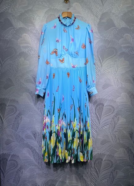 

milan runway dress 2020 stand collar long sleeve print designer dress brand same style dress 0111-8, Black