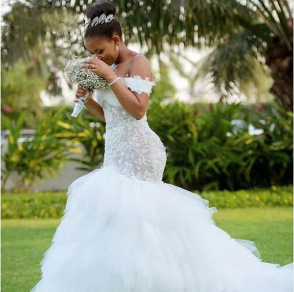 

elegant african white mermaid wedding dresses off the shoulder appliques lace tiered train long bridal gowns plus size wedding dress vestido