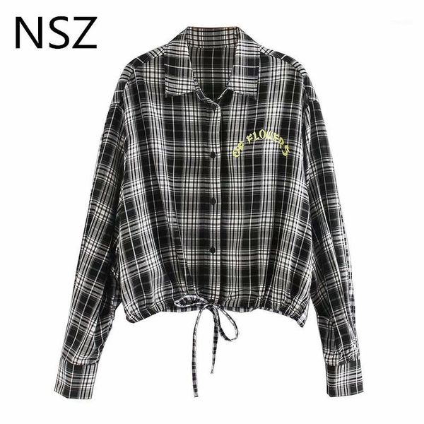 

nsz women preppy style plaid oversized crop checked shirt short blouse long sleeve loose female blusas mujer ropa1, White