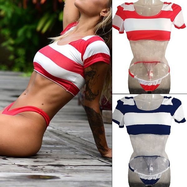 

2019 new women's split striped open bellied bikini fashion swimsuit with sleeves, White;black