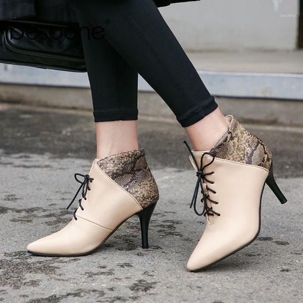 

bescone lace-up women ankle boots fashion pointed toe snake pattern thin heel shoes new winter warm handmade ladies boots bm3011, Black
