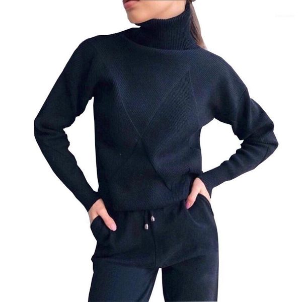 

taovk autumn knitted tracksuit turtleneck sweater casual suits women knit pullovers and long pant 2 piece set female1, White