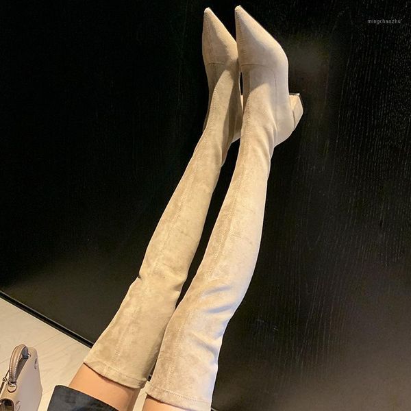 

boots long tube thin leg elastic women's shoes thick autumn winter 2021 pointed plush skinny off the knee size 431, Black