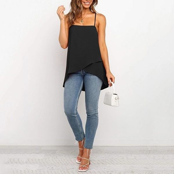 

womens summer sling cross irregular vest female solid color sleeveless chiffon casual tank 1, White