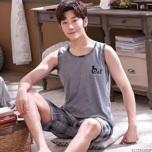 

new men's gray vest shirt plaid shorts pajamas suit plus size pajamas summer men's plus size sleeveless cotton1, Black;brown