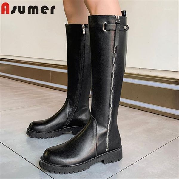 

asumer 2021 full genuine leather shoes women riding boots zip round toe autumn low heel casual knee high boots women1, Black