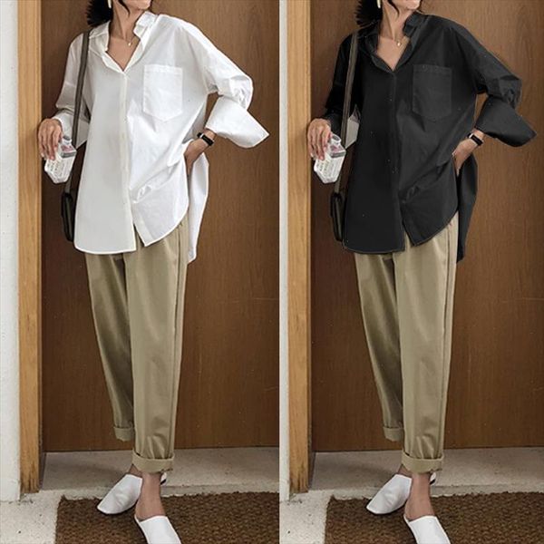 

2021 fashion women long sleeve blouses shirts buttons split loose irregular blusas femininas plus size camisa, White