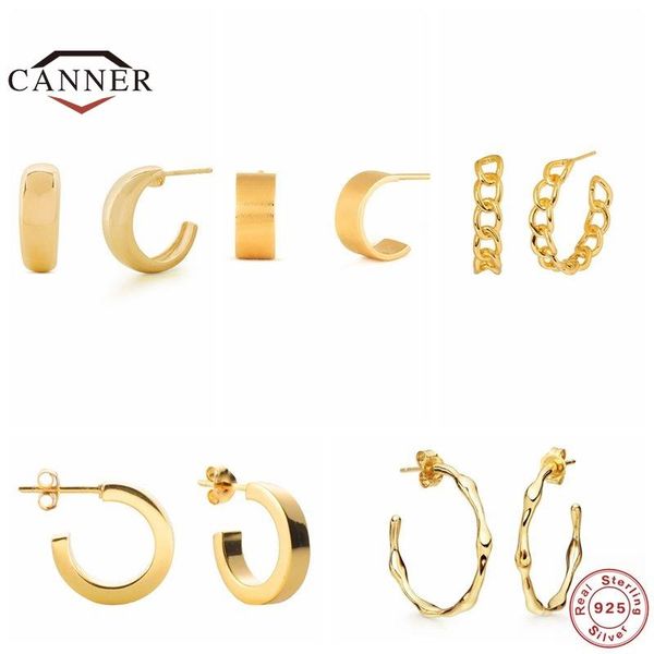 

canner real 925 sterling silver c-shaped opening all-match earring jewelry stud earrings for women piercing earings pendientes, Golden;silver