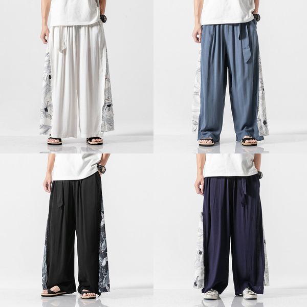 

chinese style large size 2019 men's casual wide leg wide leg pants ancient style loose personality crane straight pants men's wear, Blue