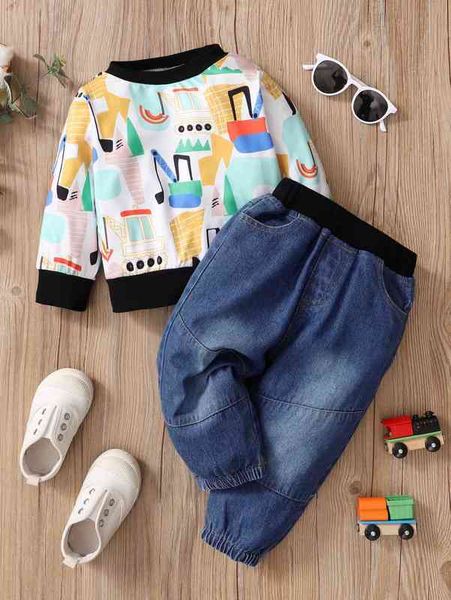 

baby excavator print pullover & bleach wash jeans she, White