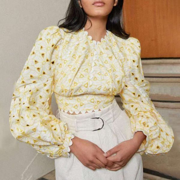 

wind 2021 spring new style elegant round neck hollow bubble sleeve short shirt 83298, White