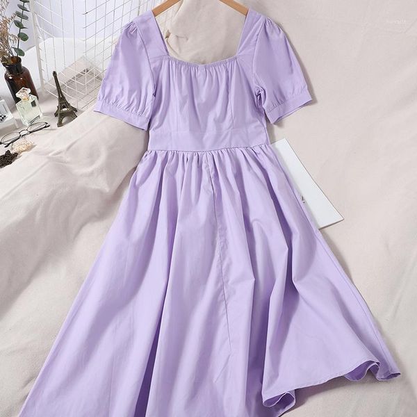 

new summer solid sweet square collar dress casual a line slim puff sleeve high waist mid-calf women dress1, Black;gray