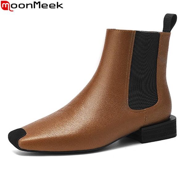 

moonmeek 2021 new brand women boots genuine leather boots comfortable low heel square toe autumn winter ankle, Black