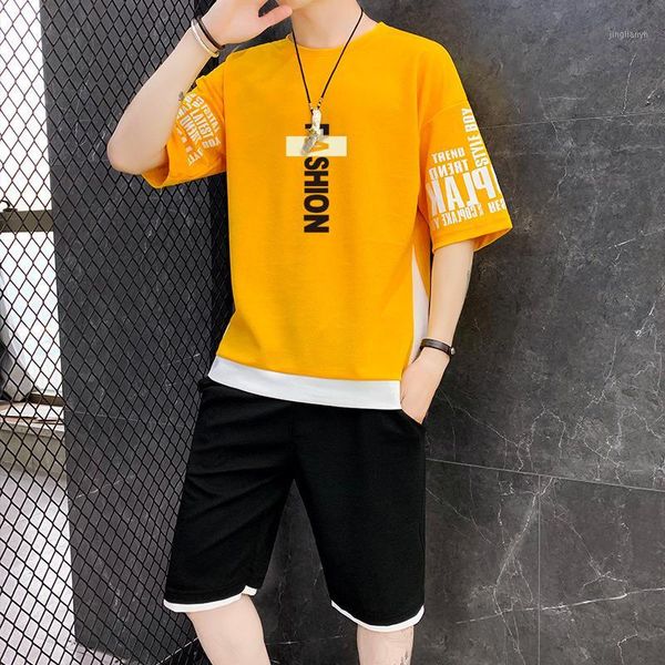 

gym clothing men's summer cool sport t-shirt suit fitness running loose sports leisure two-piece set casual breathable boy's suit1, White;black