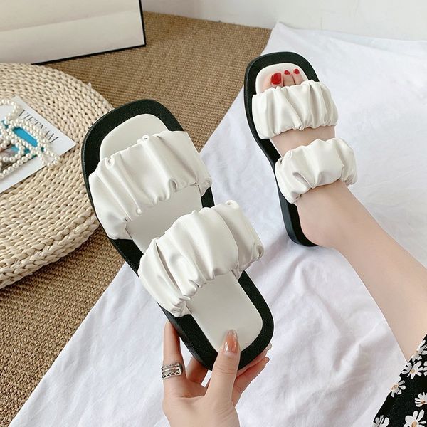 

slippers women summer female slides platform fashion 2020 beach luxury soft pleated pu basic rome rubber flat shoes x1020, Black