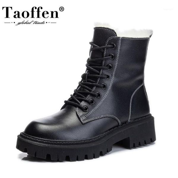 

boots taoffen real leather snow women plush fur warm winter shoes woman thick cross strap short boot footwear size 35-391, Black