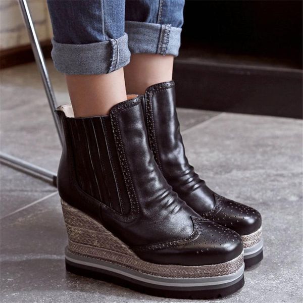 

high fashion sneakers women genuine leather wedges high heel ankle boots female square toe platform pumps shoes casual shoes, Black