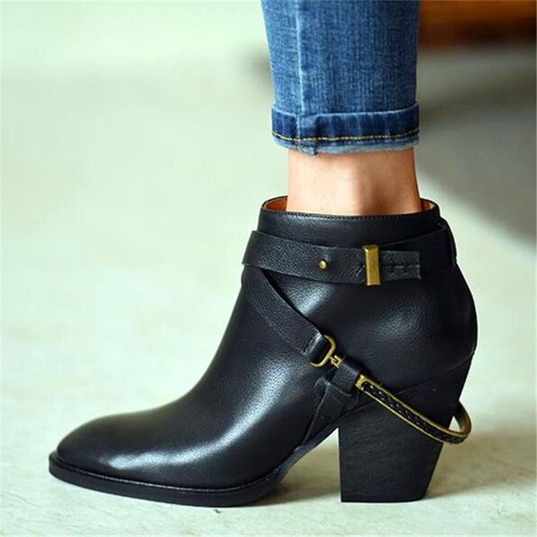 

boots small 2021 autumn and winter black leather high-heeled round head retro british wind thick with women