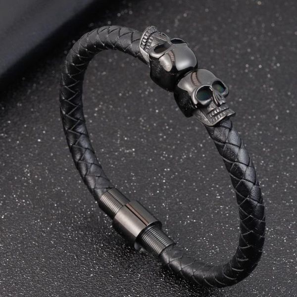 

fashion men jewelry black braided leather bracelets men stainless steel leahter bracelets cool skull bracelet, Golden;silver