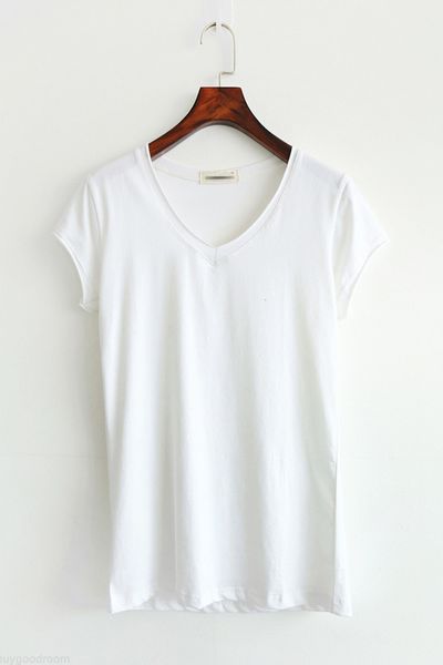 

women solid v-neck cotton basic t-shirt women plain simple t shirt for women short sleeve female, White