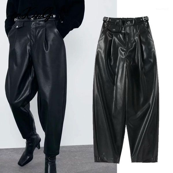

2020 2020 spring england vintage high waist leather pu harem pants women pantalones mujer pantalon femme trousers women 1, Black;white