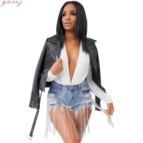 

women's leather & faux fringe zipper lapel with belt straight tube pu jacket women coat long sleeve turndown collar cool street short j, Black