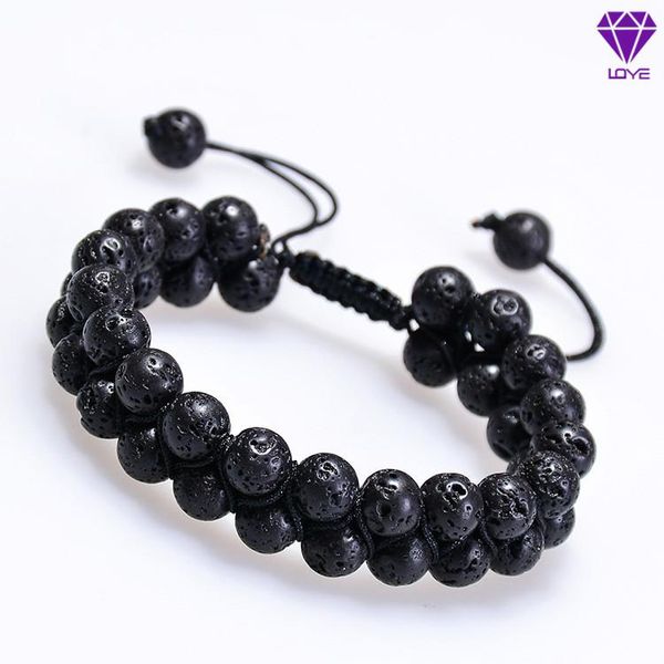 

natural stone volcanic lava rock double row bracelet seven chakras yoga woven adjustable bracelet, Black