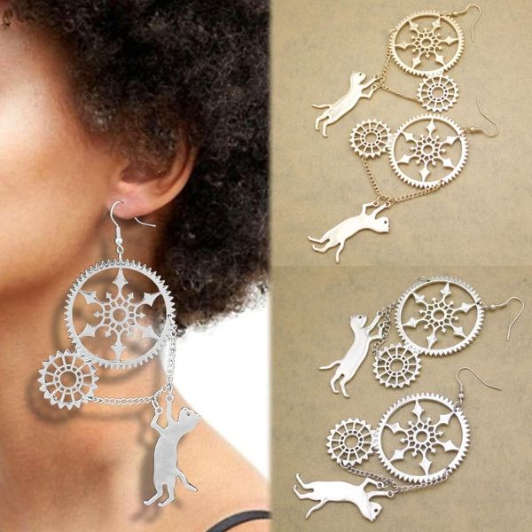 

dangle & chandelier bastet bast kitten pet cat gear cog steampunk earrings for women victorian metal chain brinco oorbellen jewelry dropdang, Silver
