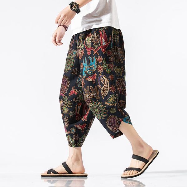 

streetwear harem pants men chinese style printing casual mens joggers summer calf-length wide-leg men trousers1, Black