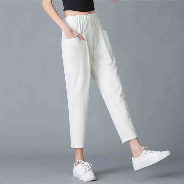 

summer straight pants vintage middle-aged women solid color thin loose ankle-length trousers elastic waist casual white pants, Black;white