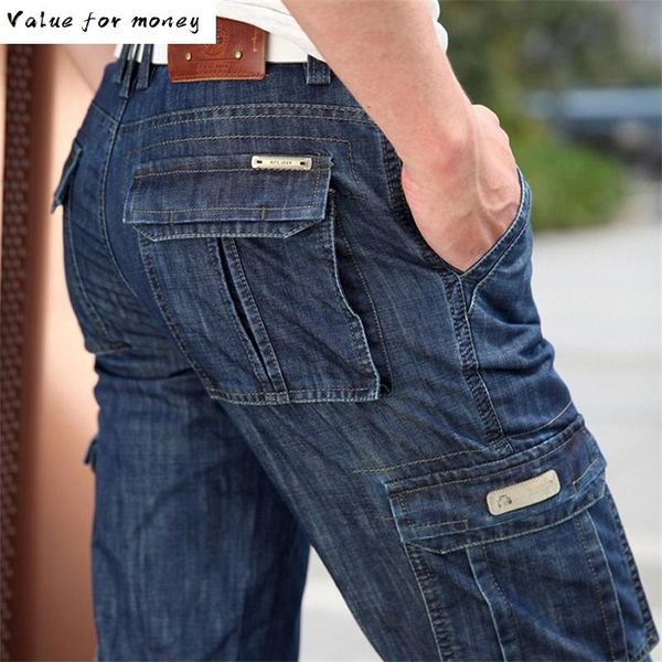 

мужские джинсы брюки workwear multi-карманы грузовые джинсы прямого мотоцикла джинсовые брюки повседневные байкер длинные брюки, Blue