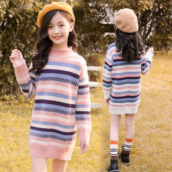 

korean girls' 2020 mink new sweater zhongda cashmere medium length t-shirt children's autumn and winter pullover, Blue