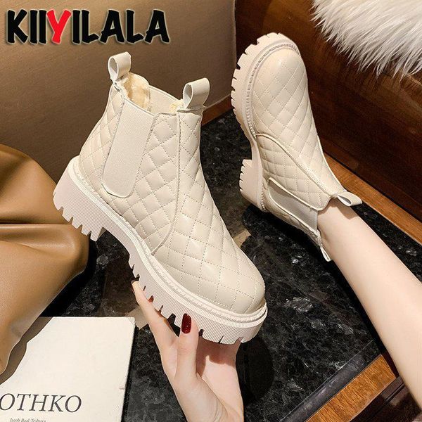 

kiiyilala lattice platform women's snow boots winter thick plush waterproof white elastic band snow boot for ladies shoes women1, Black