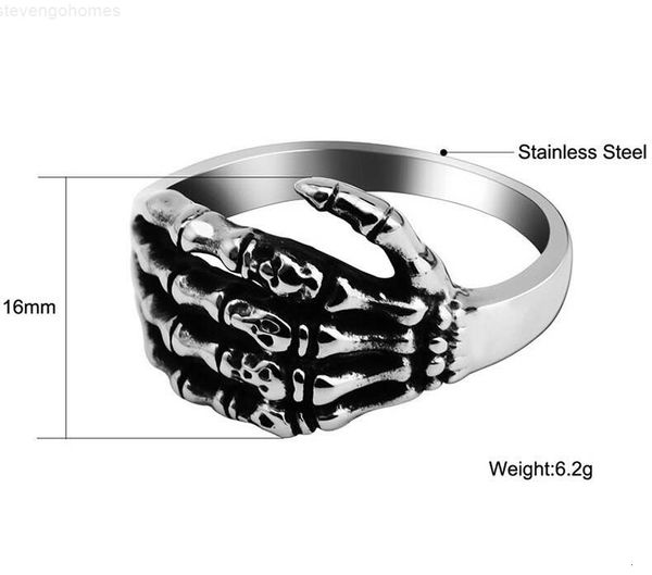

goth skull stainless biker punk rocker steel skeleton hand wrap band ring for men teen fashion jewelry, Silver