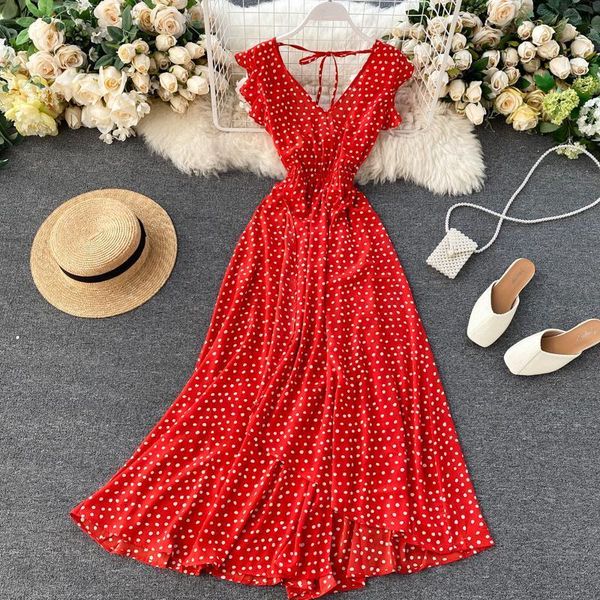 

women irregular polka dot long dress v neck chiffon ruffle sleeve v neck boho midi long dress summer a line beach dress, Black;gray