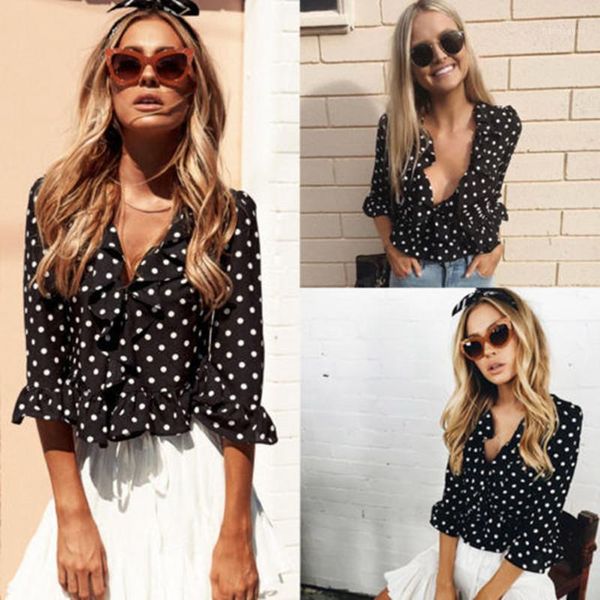 

new women blouses fashion hollow out black white polka dot v neck half-sleeved loose casual shirt plus size s-xl1