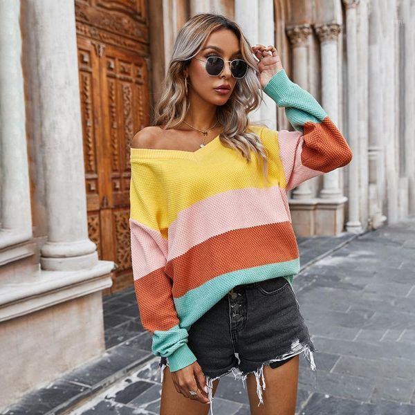 

2020 winter knitted sweater women v-neck classic stripes patchwork loose pullovers autumn yellow basic women sweaters streetwear1, White;black
