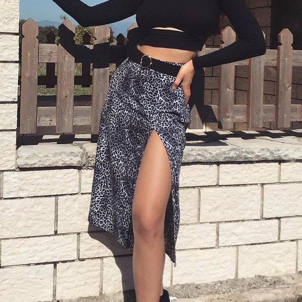 

женская леопардовая печать сплит летняя юбка a-line эластичная высокая талия мода женские юбки 2020 сексуальные девушки уличная одежда леди, Black