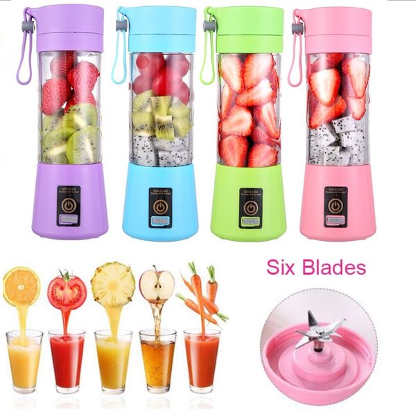 6 Lâminas Personal Blender Colorido Portátil Mini Blender Usb Juicer Copo Eléctrico Juicer Garrafa Frutas Frutas Vegetais Ferramentas Espremeres