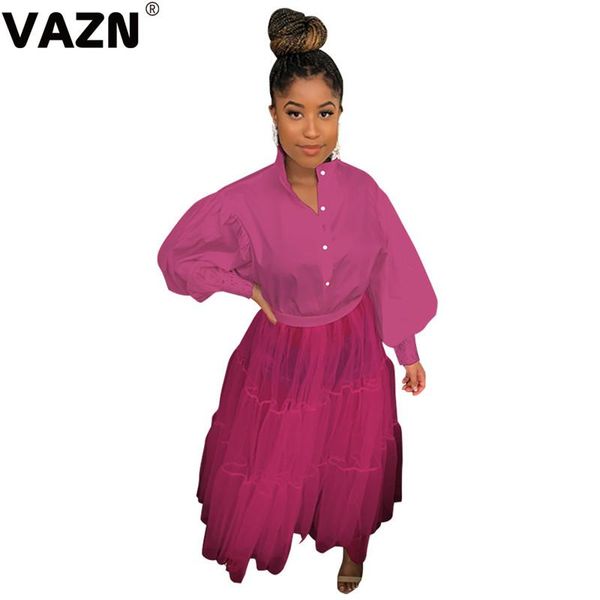 

vazn 2020 autumn new arrival patchwork lace ball gown dress solid young sweet full sleeve women high waist maxi dress, Black;gray