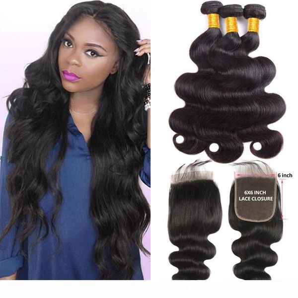 

8a remy malaysian human hair bundles with closure 100% unprocessed body wave brazilian virgin human hair weaves with 6x6 lace closure, Black;brown