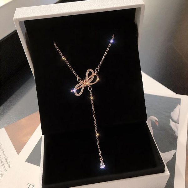 

korea zircon bow necklace for women short sweet delicate clavicle chain choker party fashion trend luxury jewelry girls gifts, Golden;silver