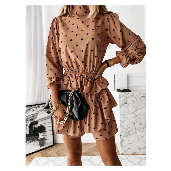 

women sweet casual long sleeve high neck polka dot printed ladies summer ruffle short dress party wear, Black;gray