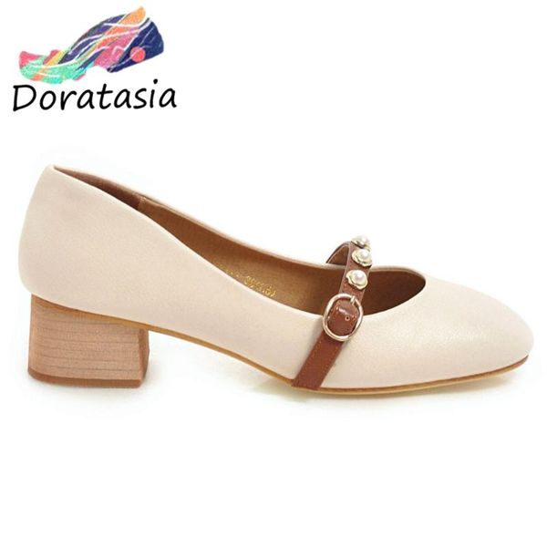 

doratasia spring elegant ladies shallow mary janes pumps square toe pearl pumps women med chunky heels shoes woman, Black
