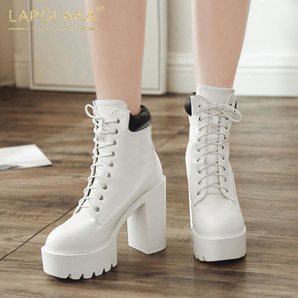 

lapolaka brand new design skidproof boots woman shoes platform chunky high heels lace up comfortable shoes ladies boots female, Black