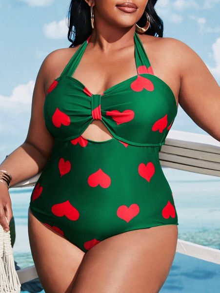 

plus heart pattern halter one piece swimsuit 299k#, Black